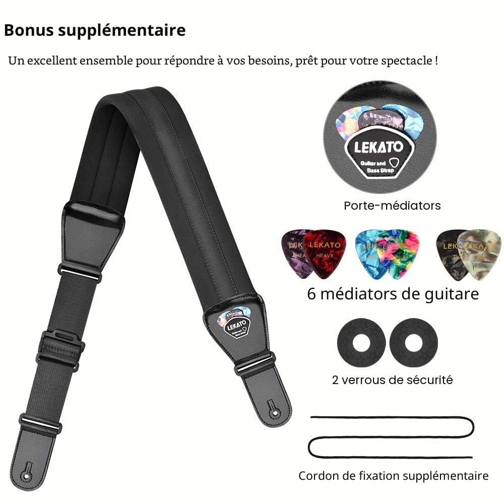 LEKATO Sangle de guitare rembourrée en mousse à mémoire avec extrémités en cuir véritable sangle réglable avec une longueur de 37 "à 47" pour guitares électriques basses