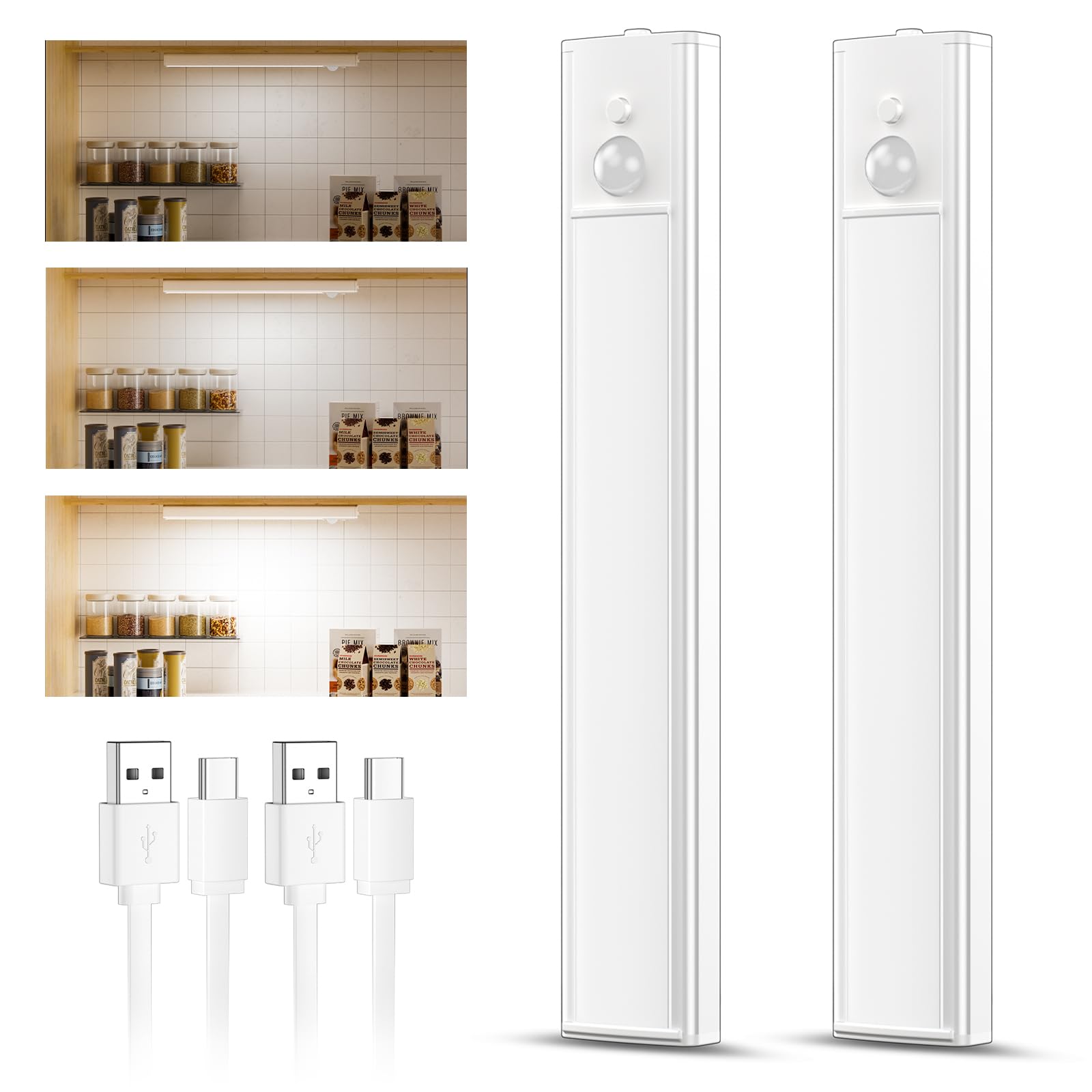 daphomeu 2 Pack Rechargeable Under Cupboard Kitchen Lights, Dimmable Cabinet Light, LED Motion Sensor Lights Indoor, Magnetic Stick Wireless Light for Shelf Stairs Wardrobe Closet (20CM)
