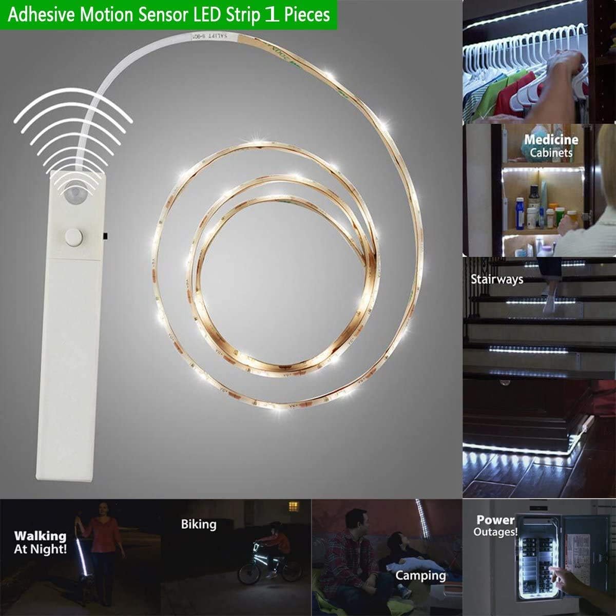 1 Meter Adhesive Motion Sensor LED Strip Lights for Wardrobe Closet Cabinet Baby Kids Room Battery Operated