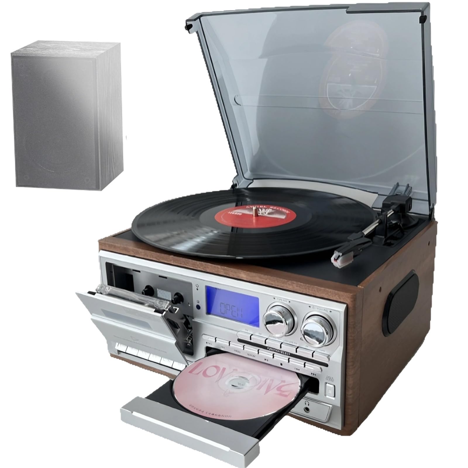 Giradischi con altoparlante integrato, giradischi in vinile a 3 velocità, combo CD e cassette, radio FM/AM, perfetto per l'ascolto quotidiano e la raccolta musicale