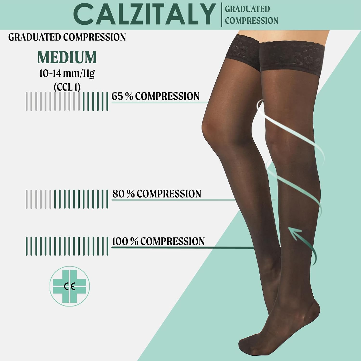 COMPRESSION THIGH HIGH STOCKINGS 10-14 mm/Hg | 70 DEN | BLACK, SKIN | S, M, L, XL | ITALIAN HOSIERY | image 3