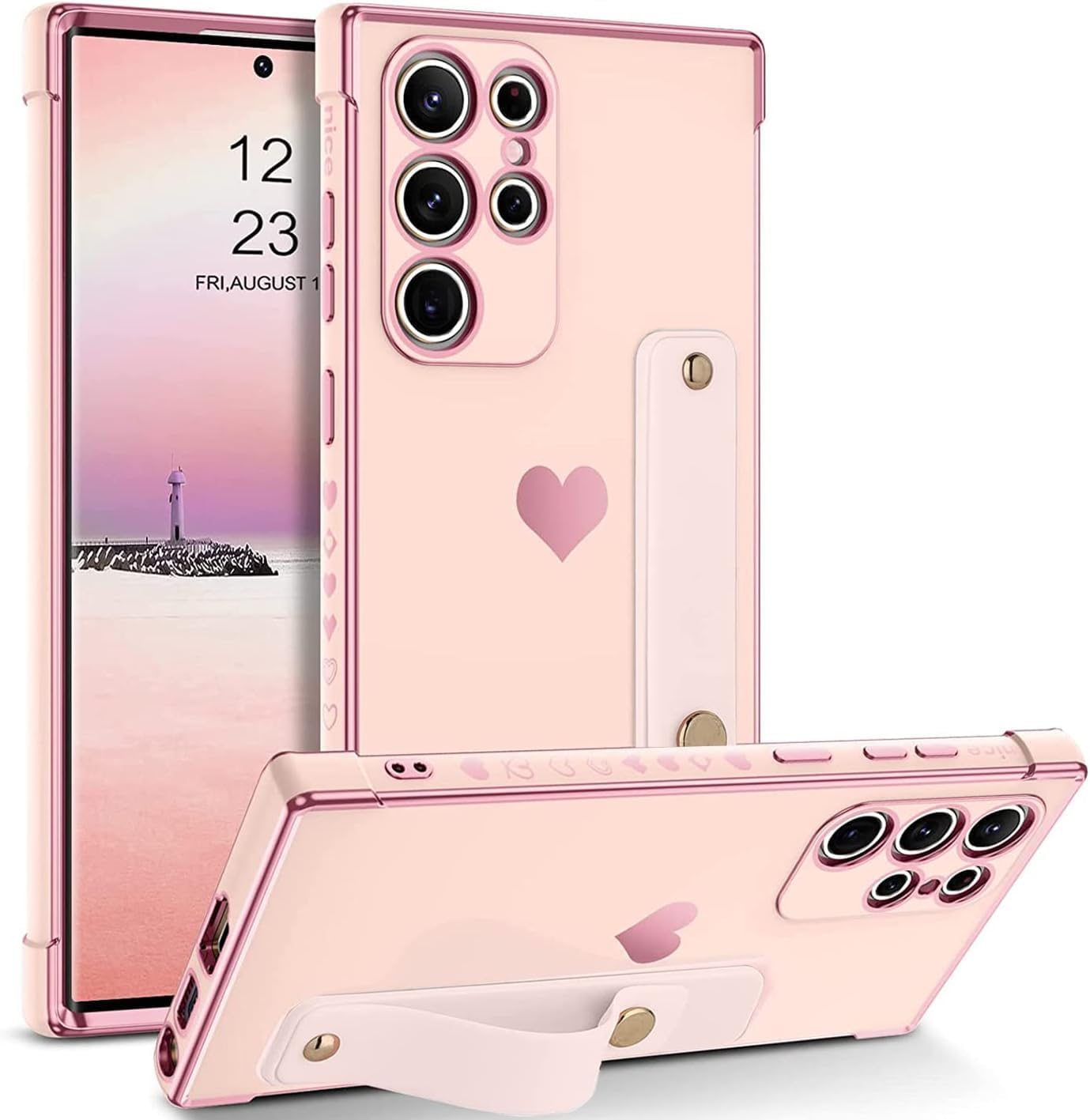 RAYRIT For Galaxy S24 Ultra Cute Case with Strap Luxury Electroplated Case Love Heart Plating Anti-Scratch Cover for Samsung Galaxy S24 Ultra (Pink, Galaxy S24 Ultra)