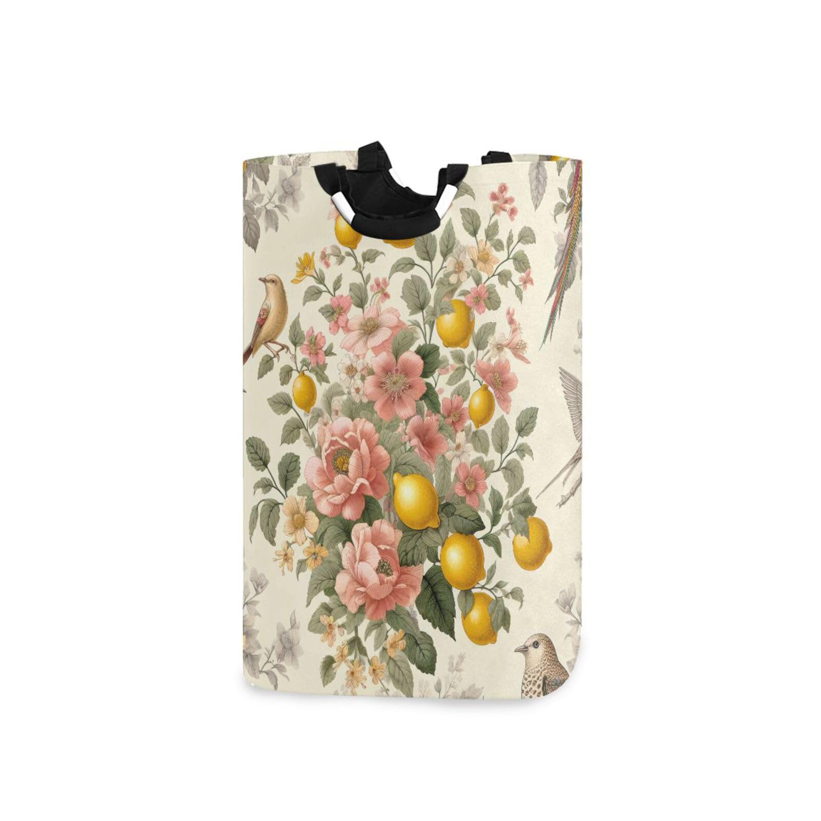 Jihqo Laundry Hamper Basket Lemon Floral and Birds Collapsible Nursery Storage Bin Waterproof Clothing Baskets for Home Bedroom Bathroom Washing Room