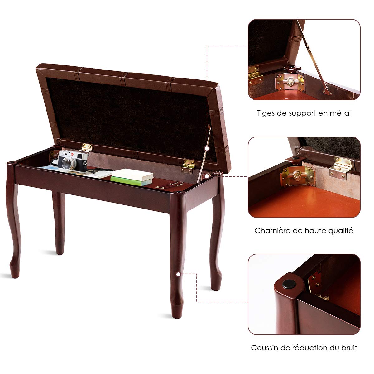 GOPLUS Banc de Piano Double en Bois Massif Robuste avec Siège Rembourré en Cuir PU, Tabouret Piano 2 Places avec Compartiment de Rangement, Charge Max 180KG (Marron, Pied Incurvé,Bande)