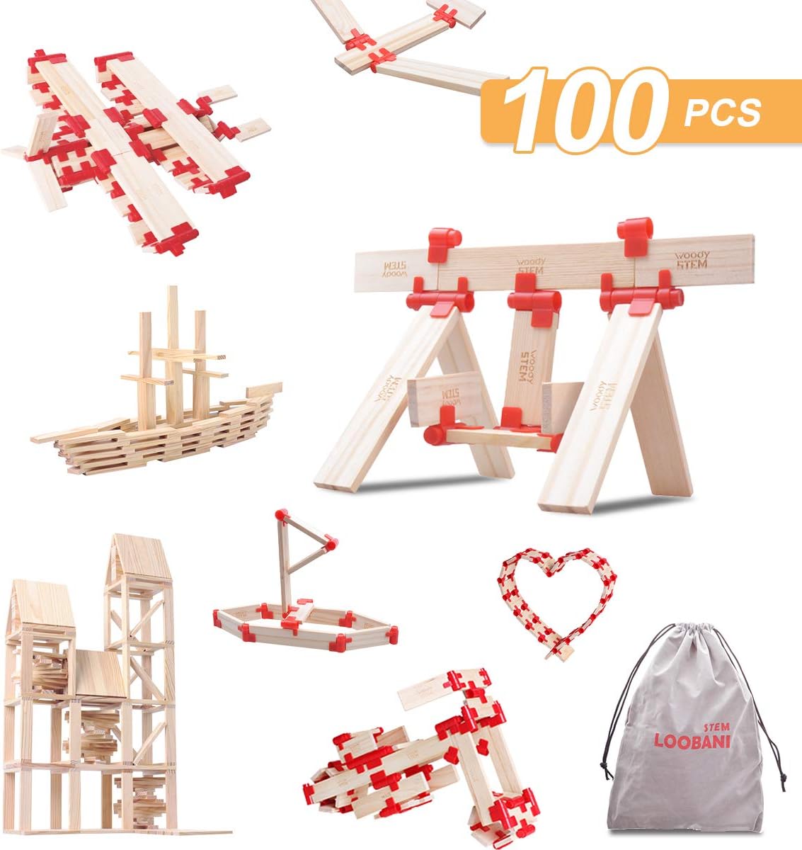 LOOBANI 100 Pieces Wooden Building Blocks Set Toys for Toddlers and Teens, Natural Wood Castle Architecture Kit