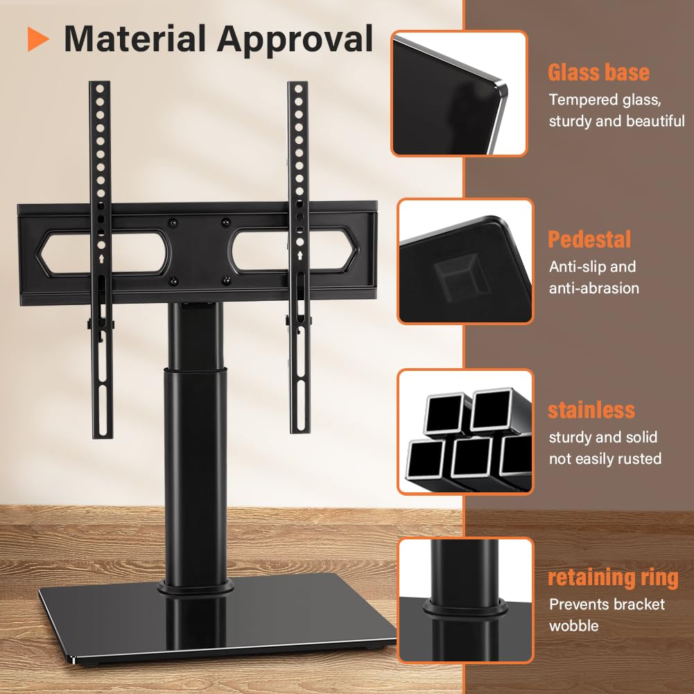 KKTONER Supporto TV da Tavolo Universale per Televisori da 27 a 65 Pollici, Base in Vetro Temperato, Regolabile in Altezza, Supporta Fino a 40kg, Compatibile VESA 100x100 a 400x400