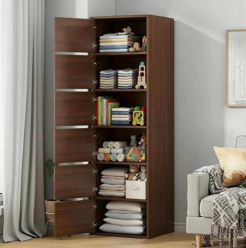 EXVITO Engineered Wood Wardrobe for Bedroom | Foldable 6-Shelf Wooden Storage Cabinet | Cupboard Almirah for Clothes | Collapsible Wardrobe | Space Saving Wooden Cabinet - WALLNUT