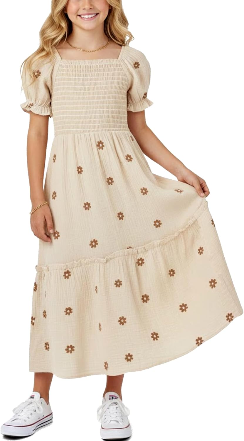 Sunny Spirit Girls Maxi Dress Tween Dresses for Girl Spring Summer Boho Floral Short Puff Sleeve Smocked Cotton 5-14 Years