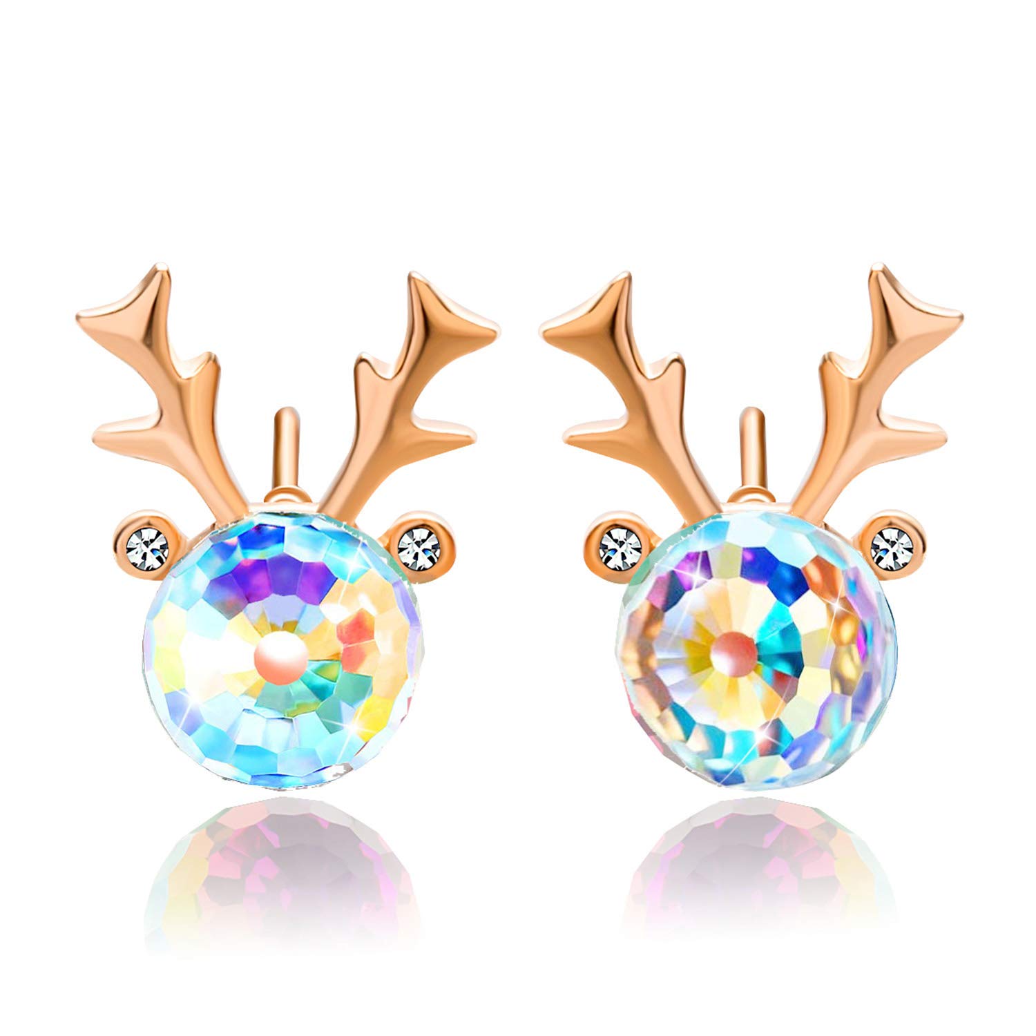 Austrian Crystal Christmas Deer Stud Earrings for Women 14K Gold Plated Hypoallergenic Jewelry
