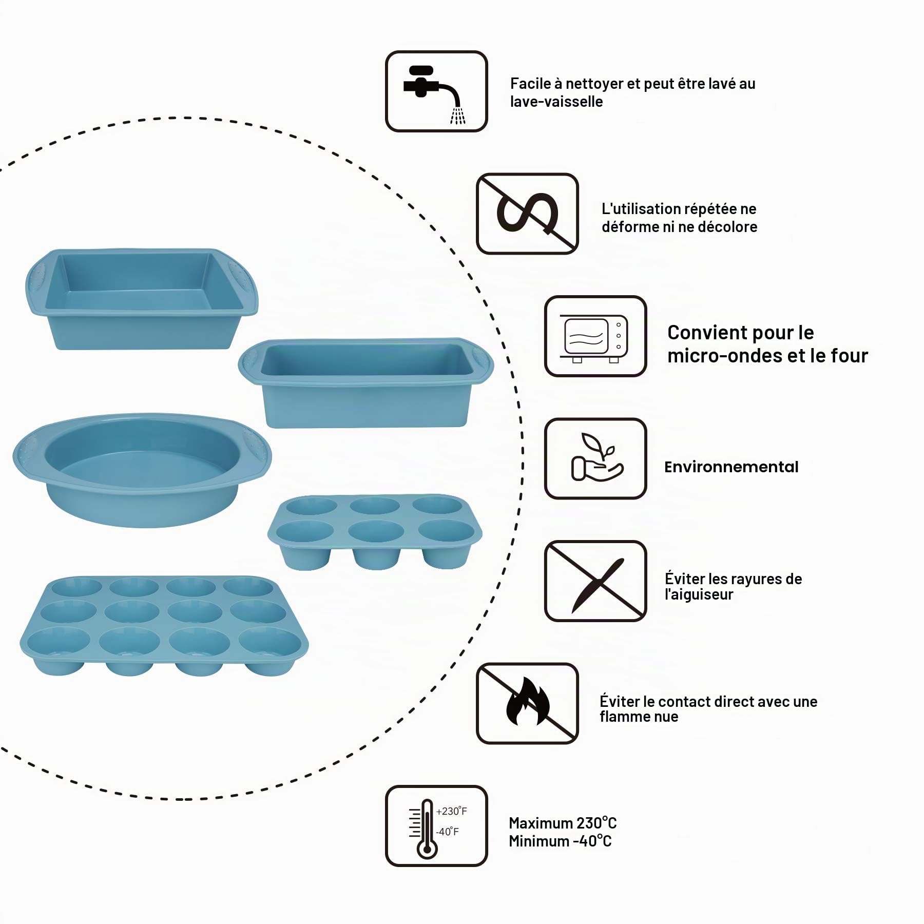 Aschef 7en1 Moule Gateau Silicone Antiadhésif Moules à Pâtisserie Four Rectangulaire Carré Rond Plaque à Patisserie Plat à Cake Résistant à la Chaleur pour Cupcake Pain Pizza Muffins Brioche