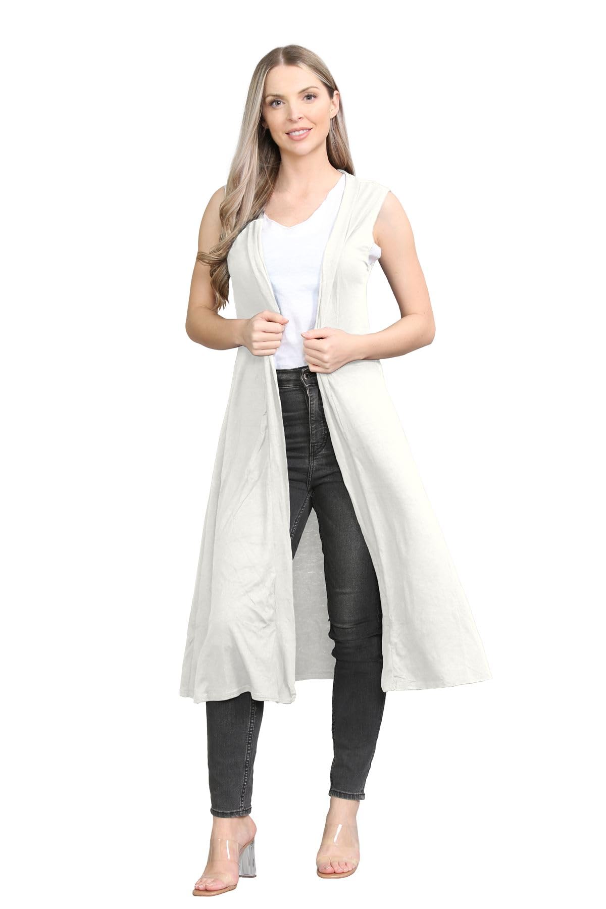 janisramone® Sleeveless Cardigans for Women UK, Stylish and Versatile Plain Open Collared Long Maxi Boyfriend Cardigan Perfect for Layering Over Summer Dresses Cream