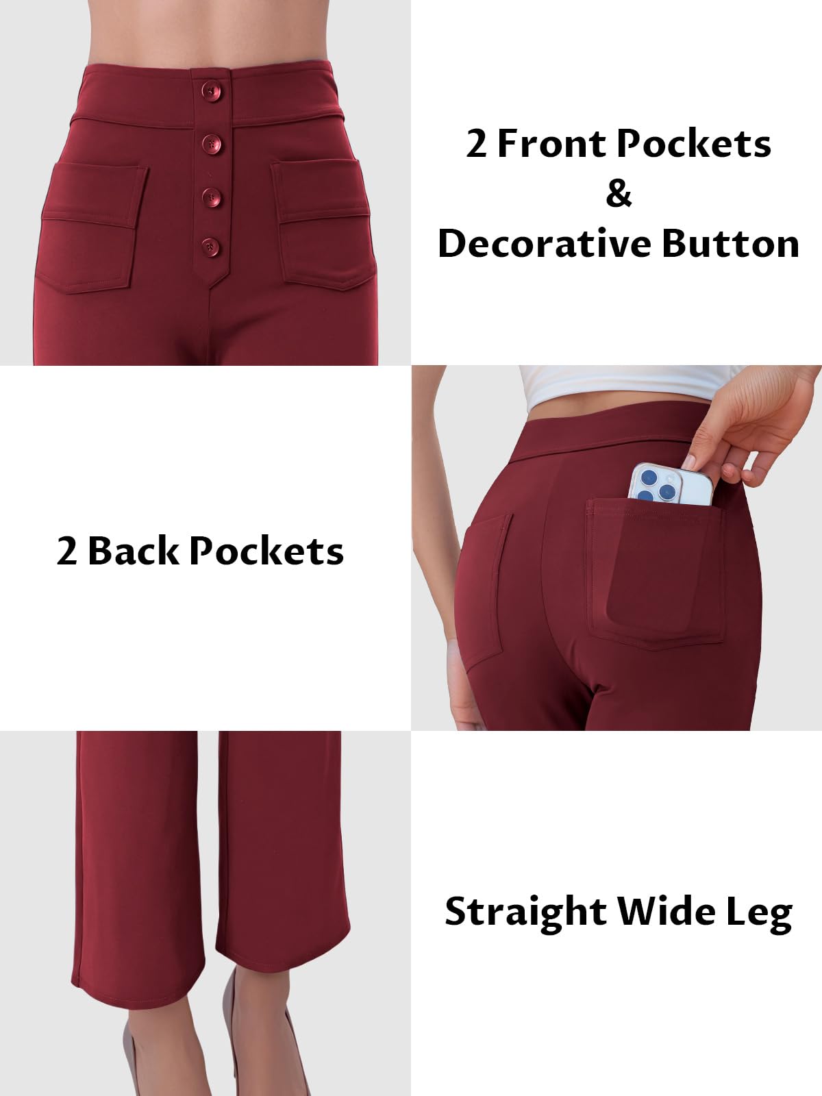 keriffe Women's Straight Leg Pants High Waisted Button Stretchy Business Work Dress Casual Trousers Multiple Pockets: Small Wine Red