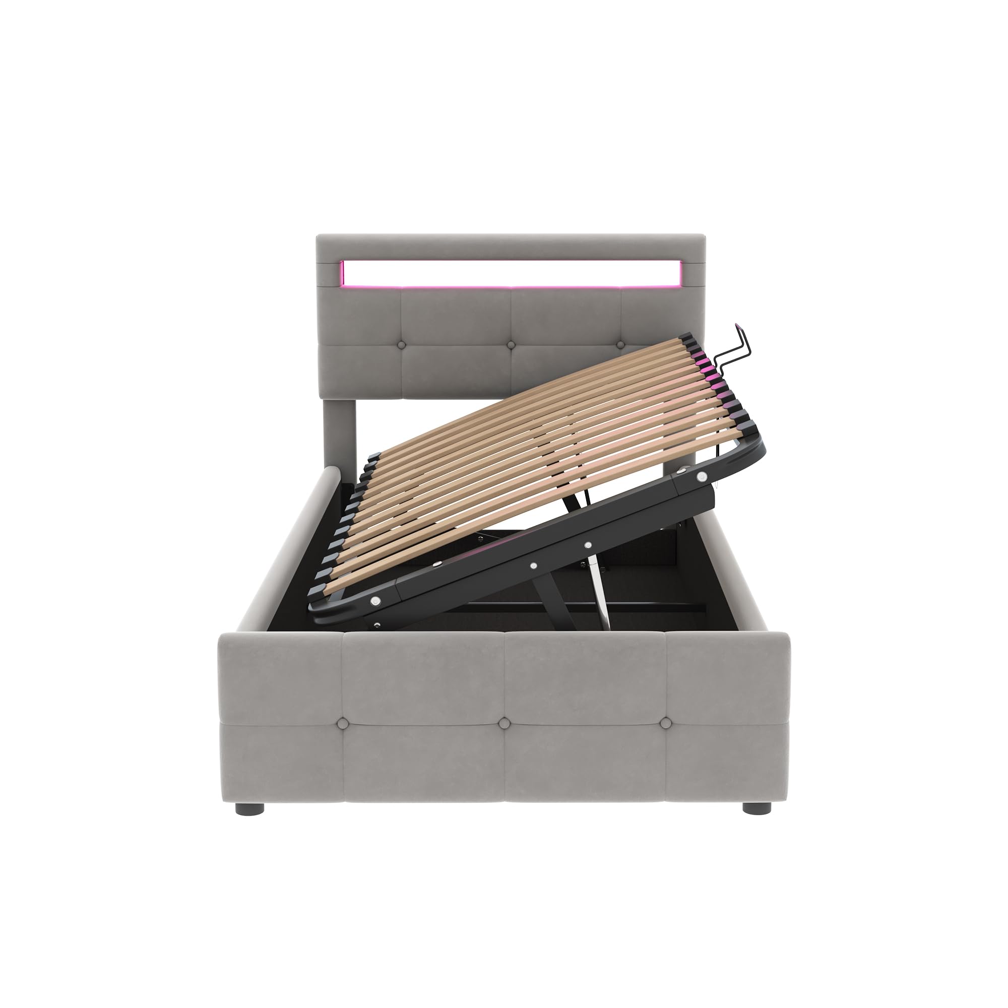 Gegtuon Letto Imbottito 90x200 cm con Illuminazione LED per Bambini, Letto Singolo con Idraulico Contenitore e Testata, Struttura Letto con Rete a Doghe per Ragazzi, senza Materasso, Velluto (Grigio)