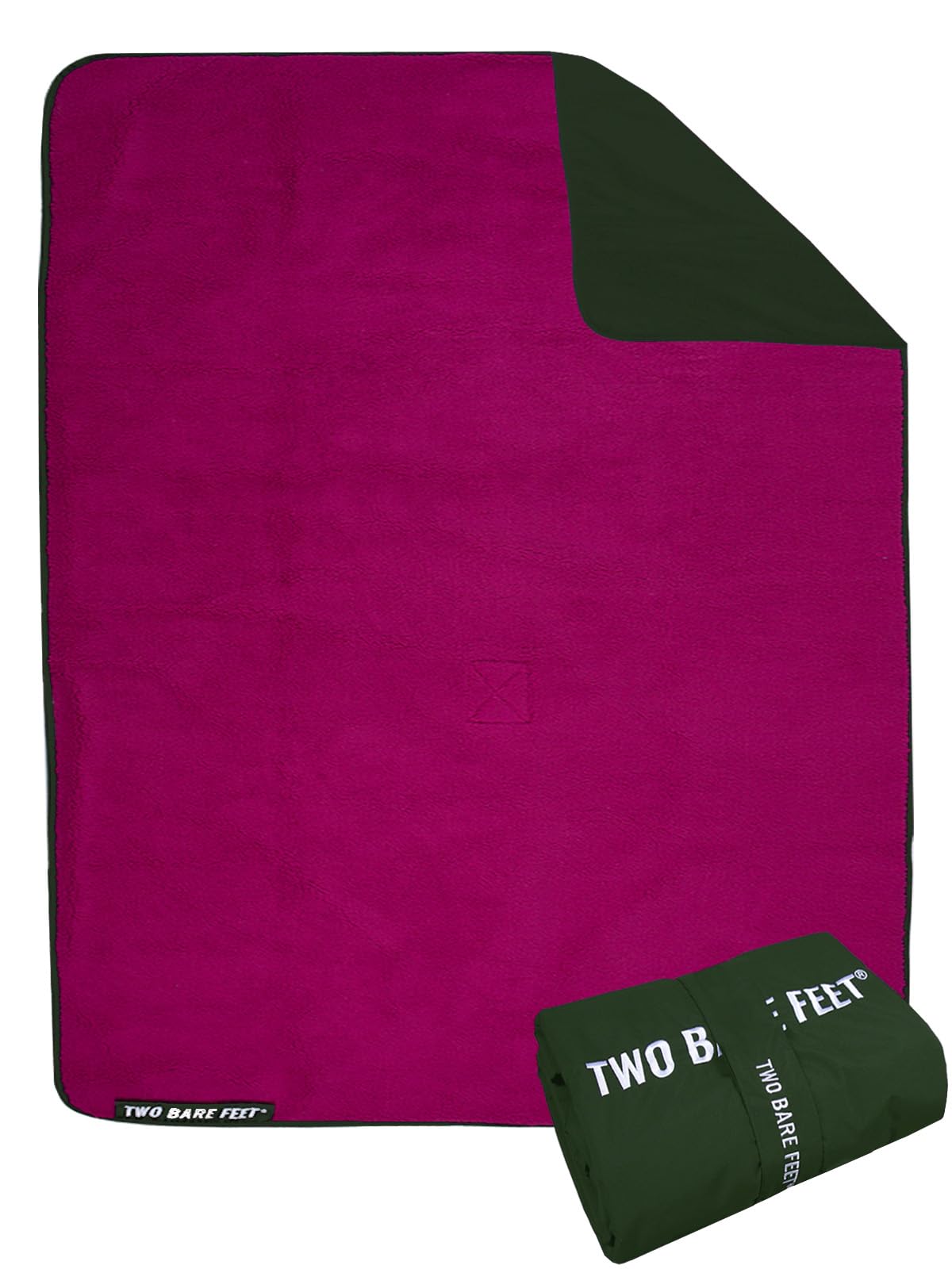 Two Bare Feet Sherpa Lined Waterproof Beach Travel Blanket – Warm, Cozy, Windproof Outdoor Blanket for Camping, Picnics, Hiking & Beach Days – Portable & Lightweight (Forest/Raspberry, 145cm x 145cm)