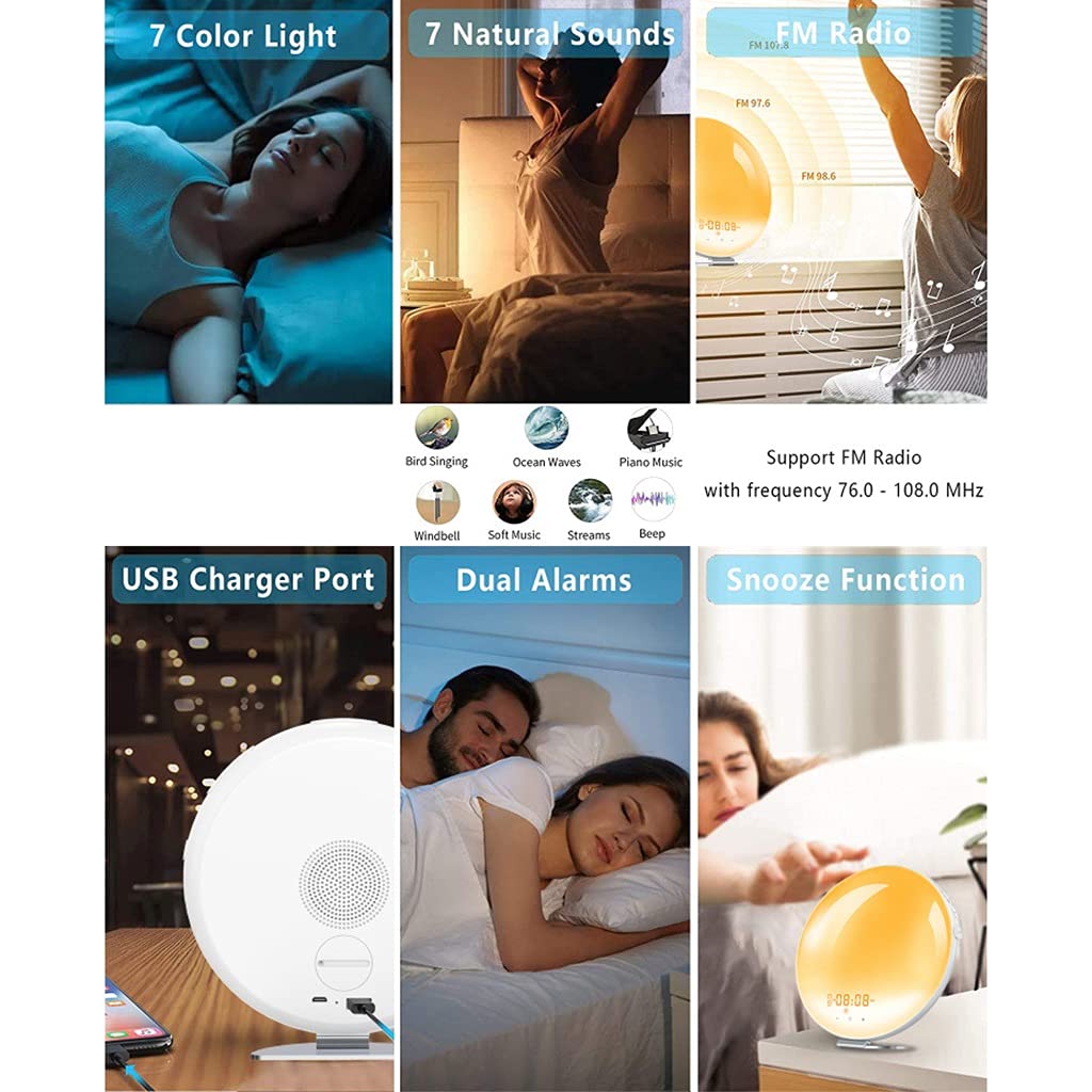 Sveglie a Luce Naturale, Sveglia con Luce Sveglia Digitale a LED, Simulazione Alba/Tramonto, Funzione Snooze, 7 Suono Naturale e Radio FM