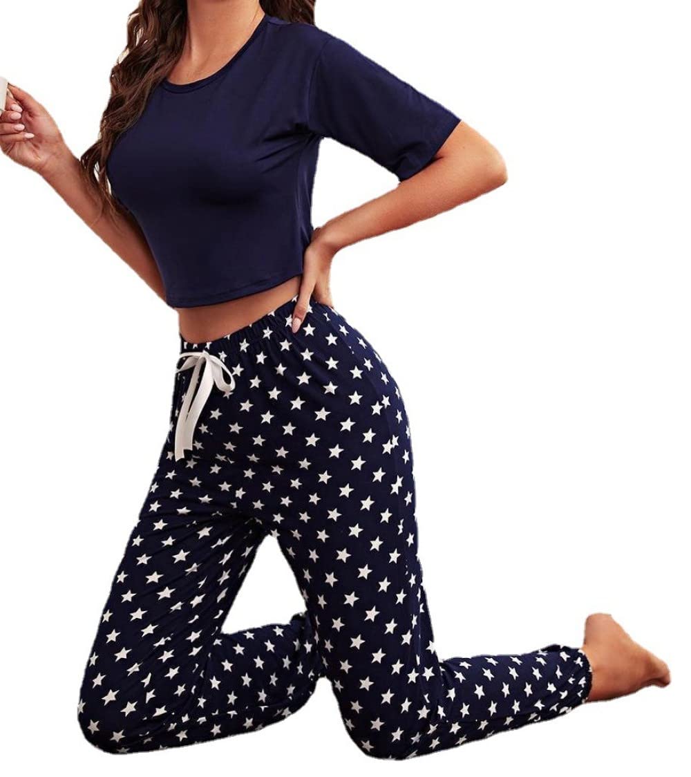 Donna Pigiama Estivo Due Pezzi,Blu Top Polka DOT Pants Womens Estate Manica Corta Pigiama 2 Pezzi Set Morbido Pigiama alla Moda Loungewear Regalo Festa della Mamma per Moglie Fidanzata Mamma