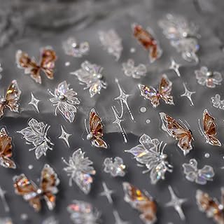 5D Embossed Butterfly Nail Stickers White Brown Butterflies Nail Art Stickers Self-Adhesive Spring Summer Flower Nail Decals Rhinestone Design for Women Girl DIY Manicure Nail Art Decorations