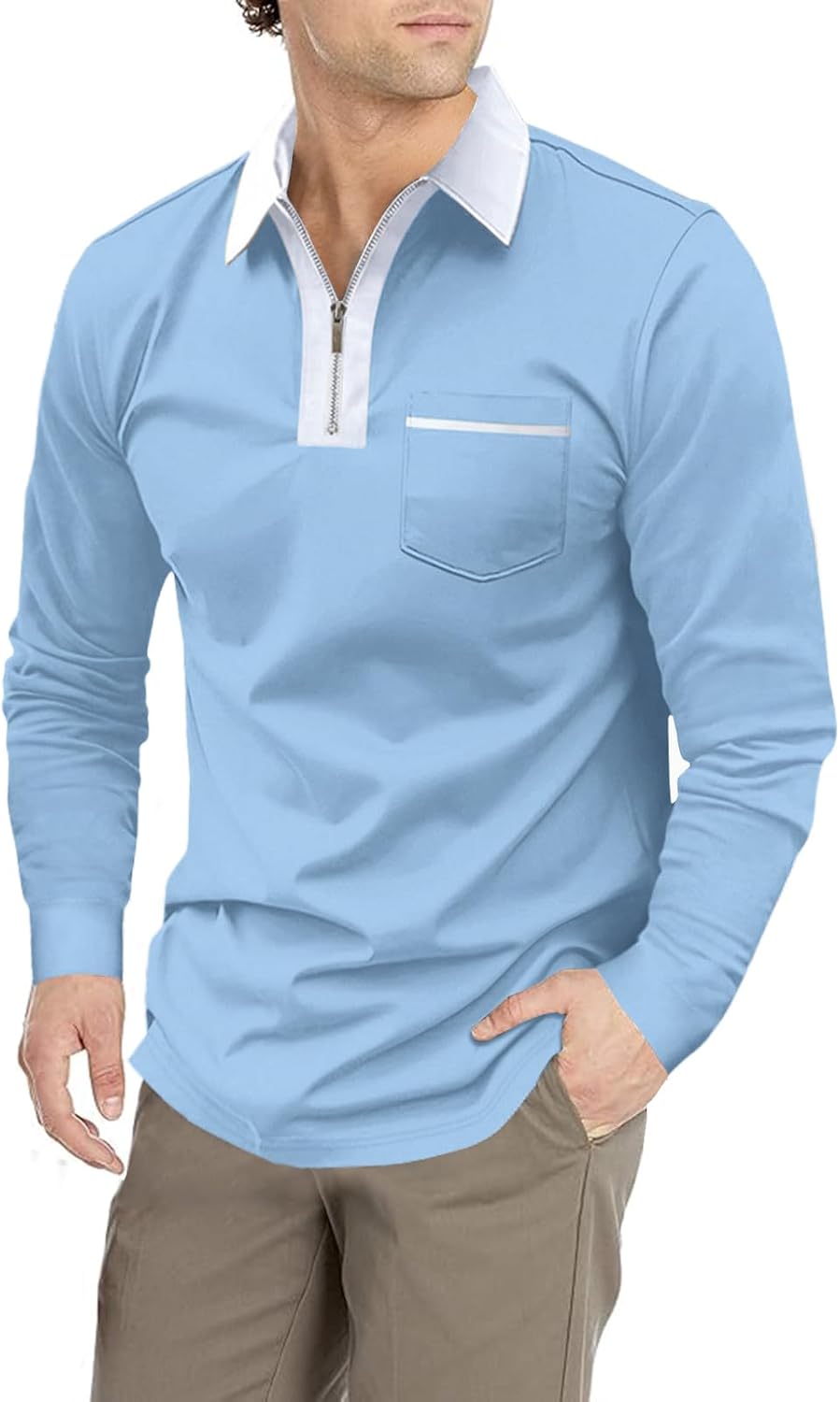 Men's Long Sleeve Polo Shirt Casual Zip Polo Shirt Classic Collared Golf Shirt with Pocket - Image 3