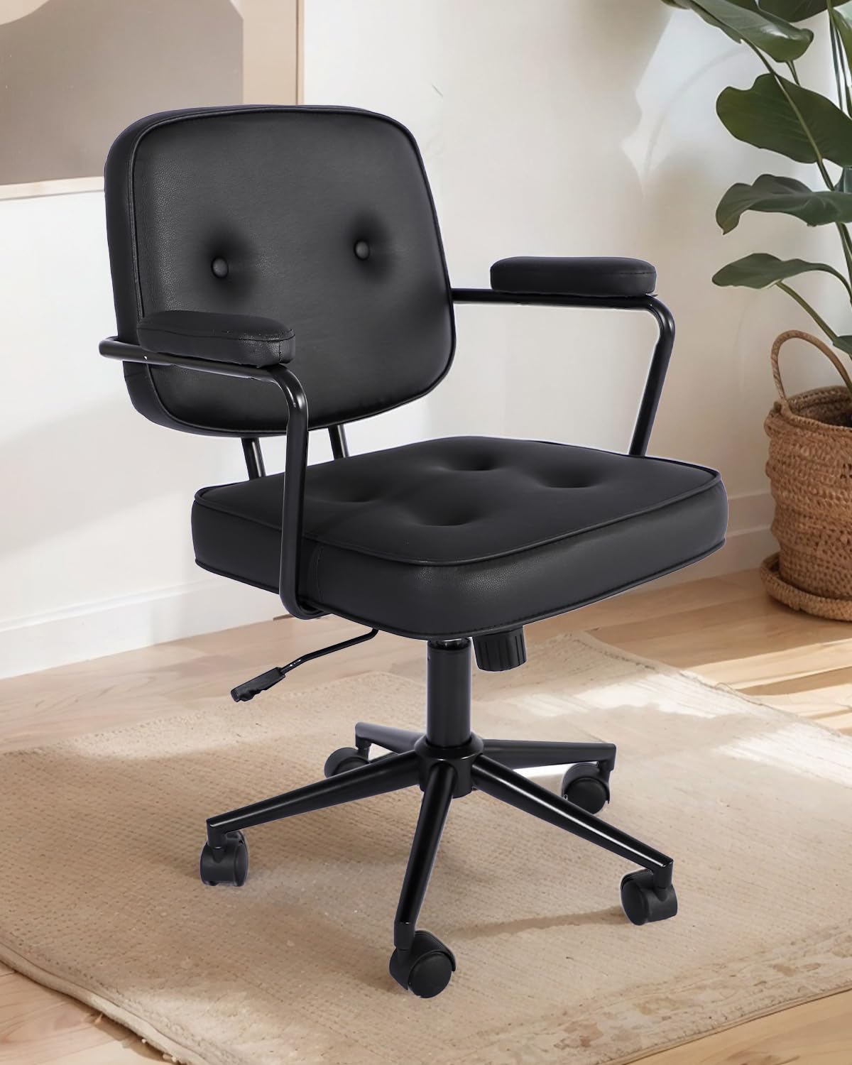 Small Office Desk Chair with Armrests Comfy Low Back Lumbar Support,Adjustable Height 360Rolling Swivel Wheels,Modern PU Leather Office Task Chair,for Home, Bedroom,Office,Small Space (Black)