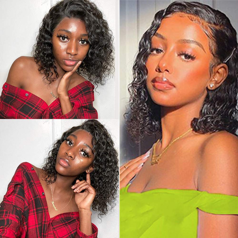 Human Hair Lace Front Wigs for Black Women 4x4 Short Bob Lace Frontal Wigs Brazilian Deep Wave Wigs with Baby Hair 16 inch Pre Plucked 100% Unprocessed Brazilian Virgin Hair Wigs Human Hair