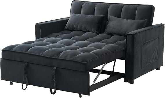Futon Sofa Bed, 55 Small Loveseat Sleeper Sofa Comfy Velvet Pull Out Couch Bed with 3 Levels Adjustable Backrest and Side Pockets for Living Room, Bedroom, Apartment, Small Spaces | 3 In 1