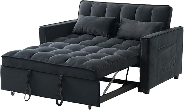 Futon Sofa Bed, 55 Small Loveseat Sleeper Sofa Comfy Velvet Pull Out Couch Bed with 3 Levels Adjustable Backrest and Side Pockets for Living Room, Bedroom, Apartment, Small Spaces | 3 In 1