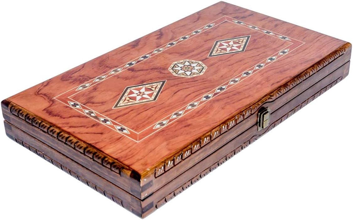 Backgammon Set Mosaic and Carved Design - Foldable Rosewood Board - Classic Board Game - Size 20,5"