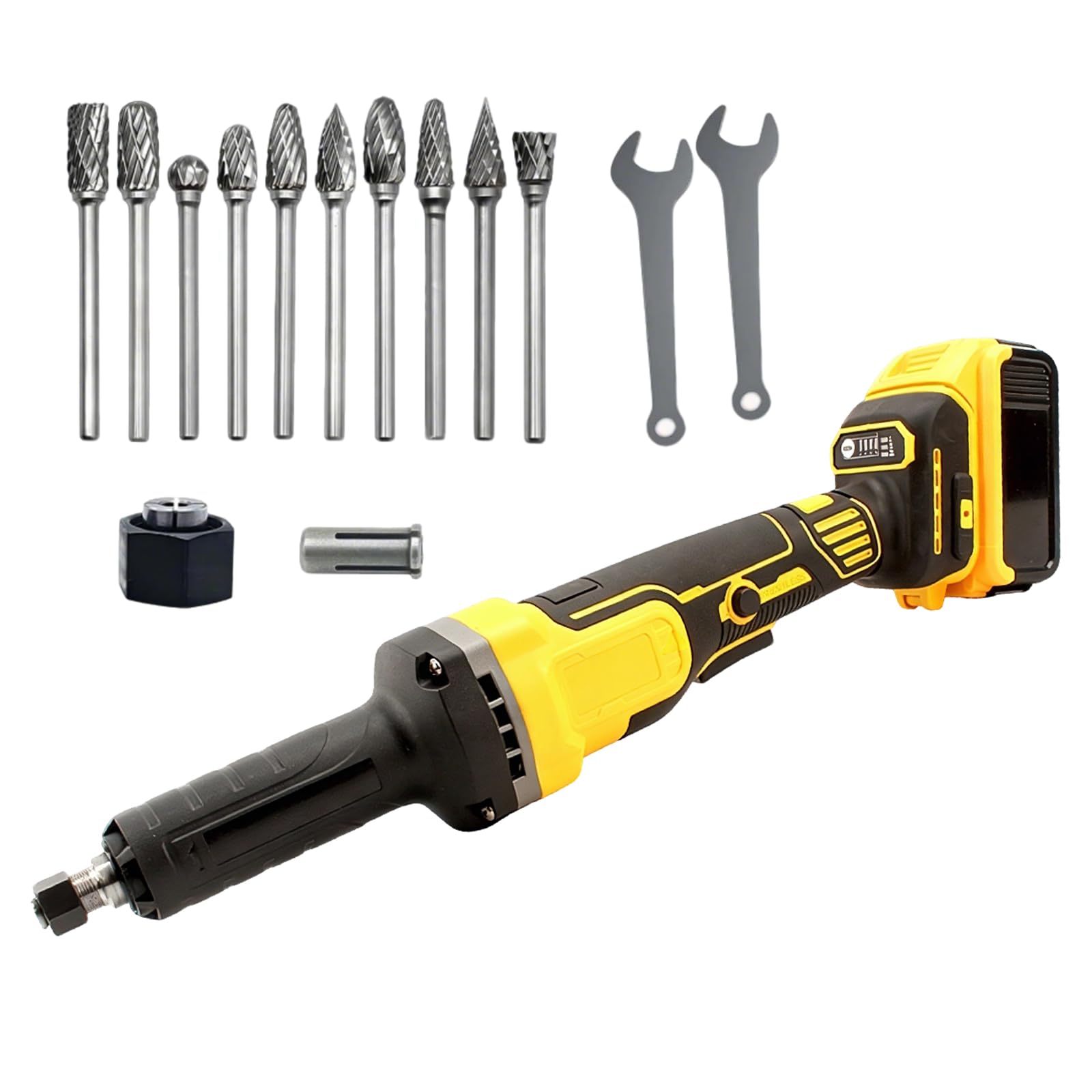 Cordless Die Grinder Compatible with Dewalt 20V/18V Battery, Brushless Motor 4-Speed 25000 RPM, 1/4" & 3mm/6mm Collet, Straight Grinder for Rust Removal, Polishing, Grinding (Battery Not Included)