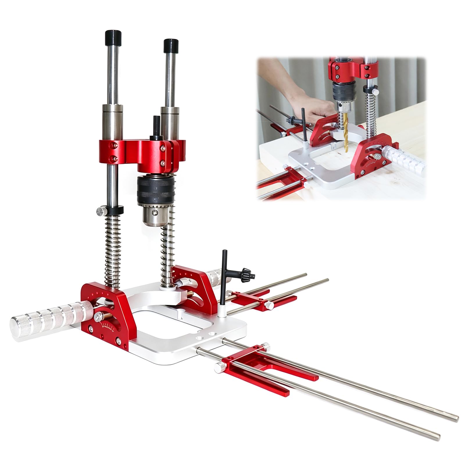 Supporto Trapano Upgrade con Mandrino, Guida Angolare 0–60° per Trapani Portatili, Autocentrante, Capacità Serraggio 1,5–13 mm, con Indicatore a Lancetta, Boccole in Ottone per Forature di Precisione
