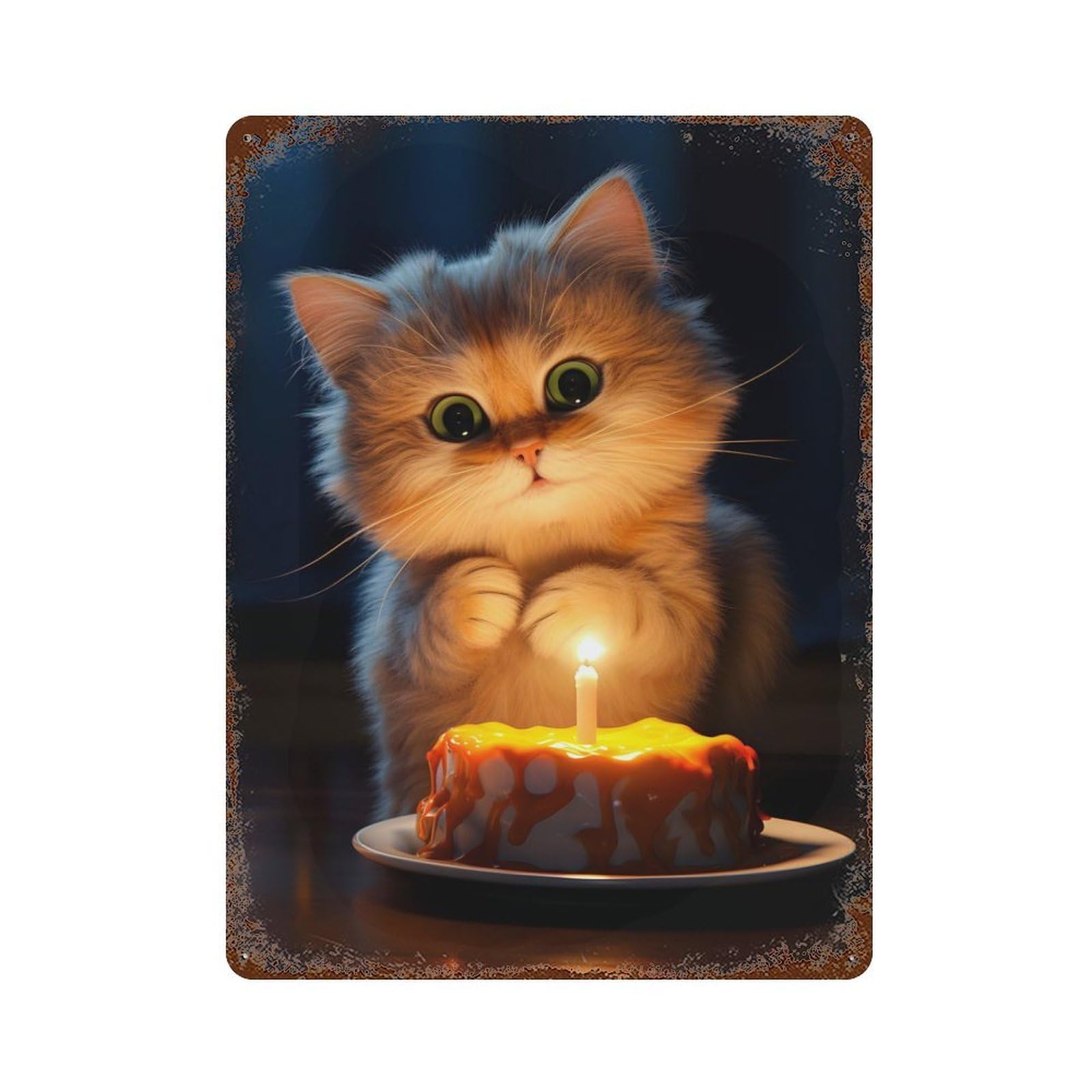 Kitten Birthday Cake 15.7"x11.8" Rustic Tin Plaque, Industrial Home Decor for Farmhouse, Kitchen And Entryway Decor
