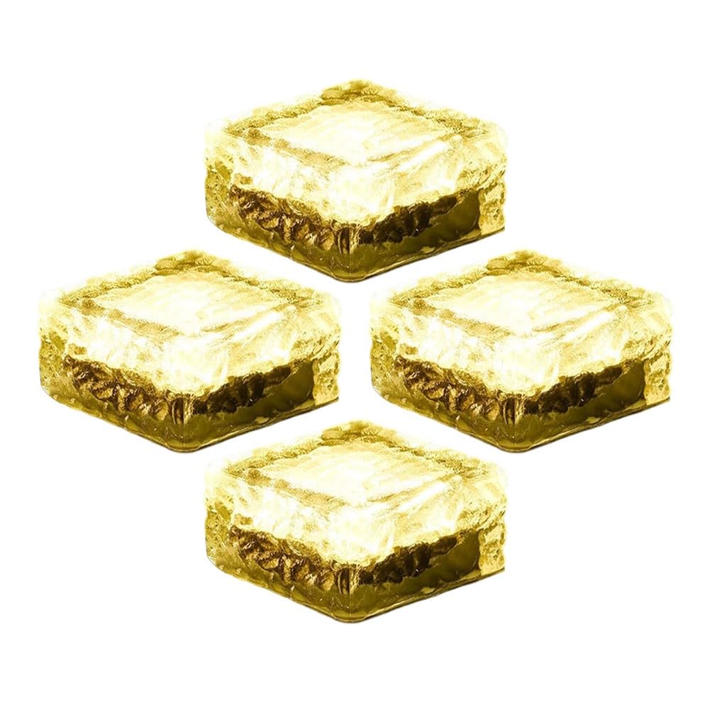 NiuLumea Solar Ice Brick Lights Outdoor Garden Pathway Decoration, 4-Pack, 7x7x5 cm Glass Solar-Powered LED Lamps with White & Warm Light