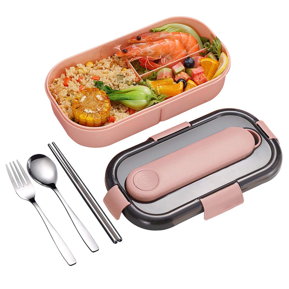 ArderLive Bento Lunch Box for Adults, 3-Compartment Salad Lunch Containers with Spoon & Fork Microwave Safe Portion Control Lunch Box for Office, Picnic, Pink