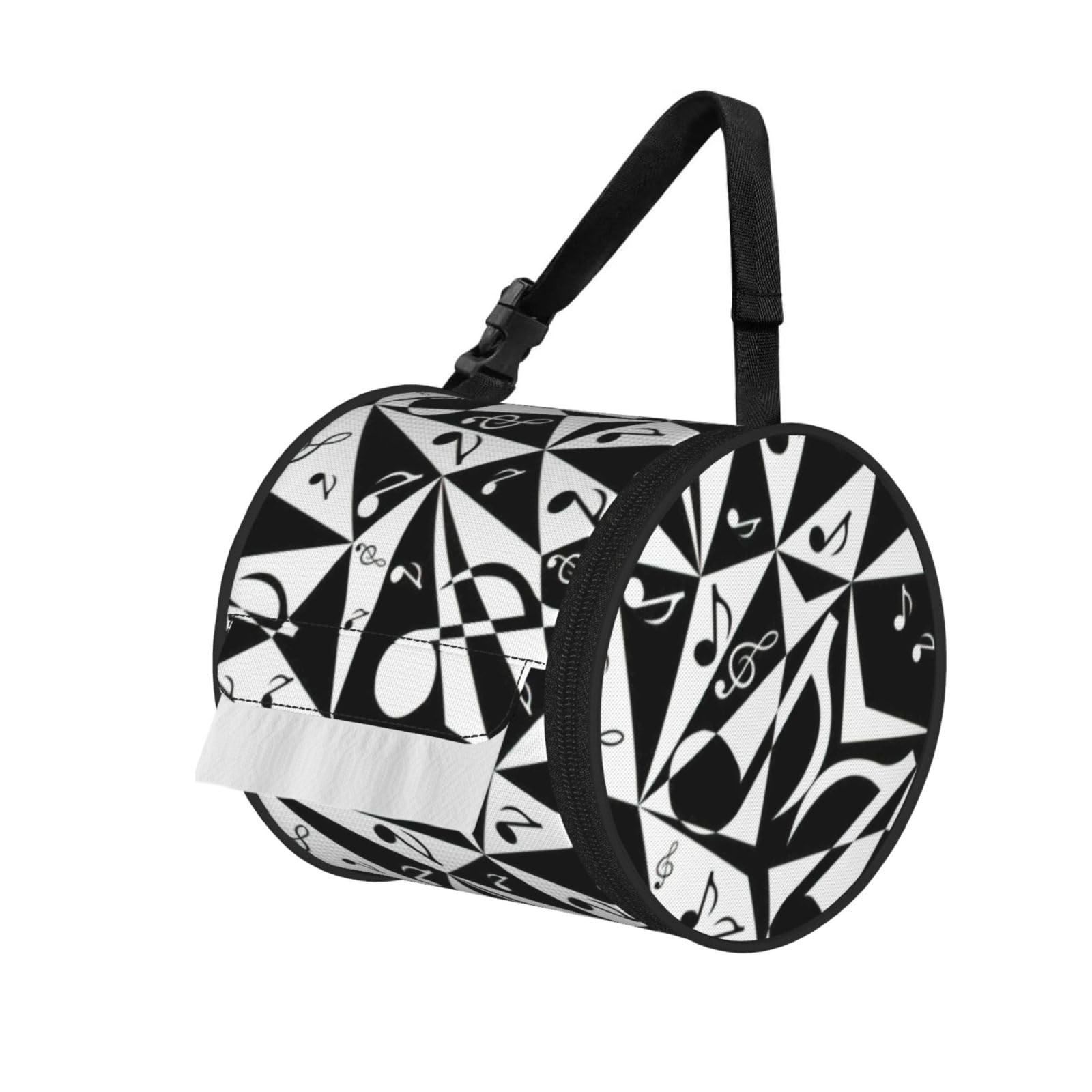 Jiuty Black Stylish Musical Note Pattern Print Cylinder Tissue Organizer Bag With Strap, Portable Toilet Roll Holder For Camping Car