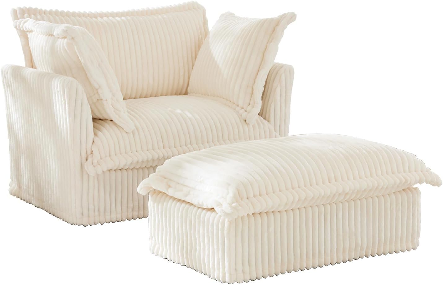 49''W Corduroy Chaise Lounge Chair Indoor, Oversized Upholstered Sleeper Sofa with Movable Ottoman and 2 Pillows, Removable Sofa Cover for Living Room, Home Theater, Apartment(Beige)