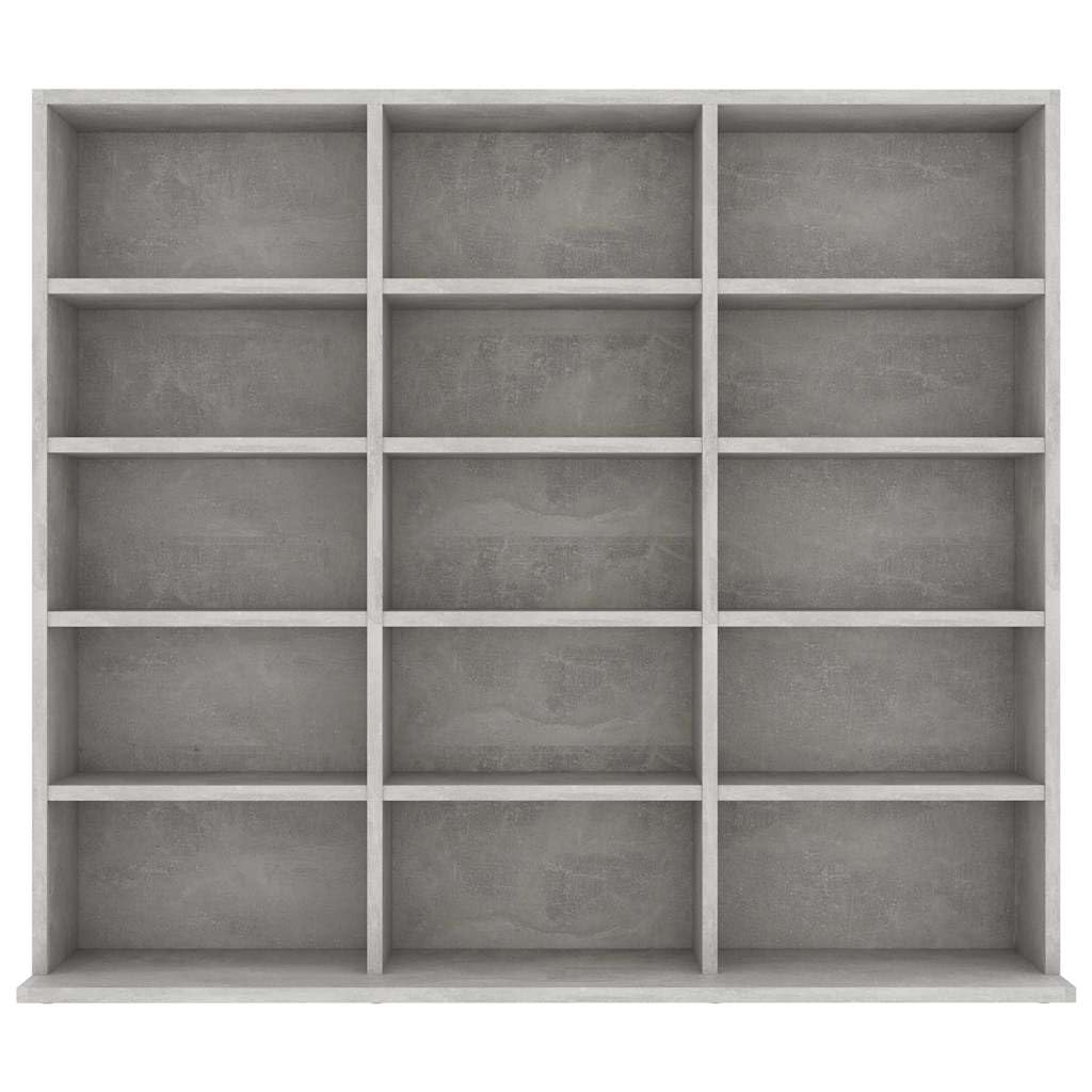 Scaffale per CD, grigio cemento, 100 x 23 x 89,5 cm, in legno con 15 scomparti aperti, per musica, media, TV, soggiorno, vano portaoggetti, gestione dei cavi, durevole, facile da montare