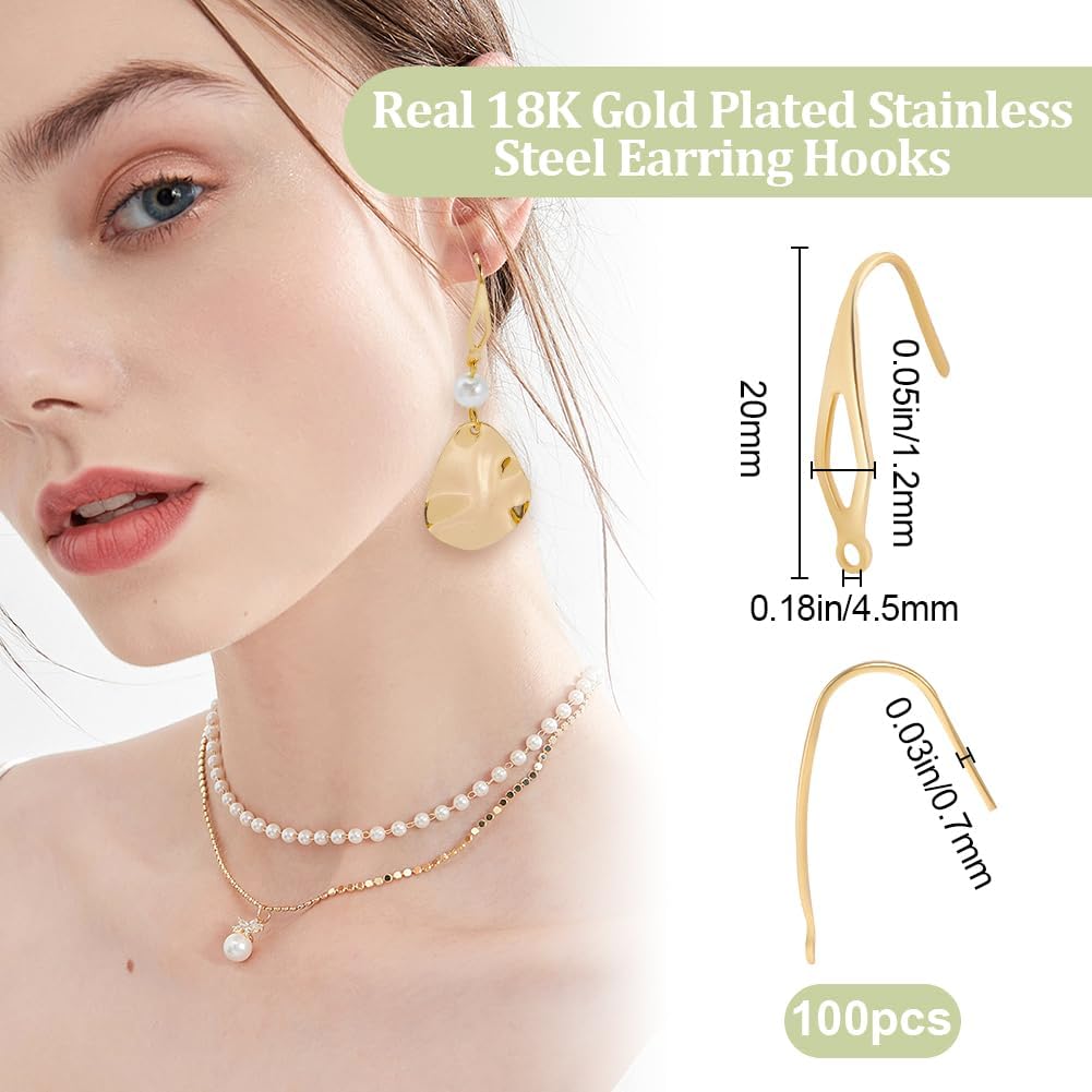 Beebeecraft 100Pcs Fish Earring Hooks 18K Gold Plated Ear Wire Hooks with Loop Stainless Steel Earring Findings with Storage Box for Women Jewelry Making