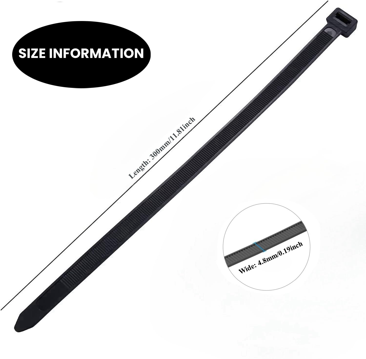 200Pcs Cable Ties Black, 300mm x 4.8mm, Heavy Duty Nylon Cable Ties with 30kg Tensile Strength - Image 2