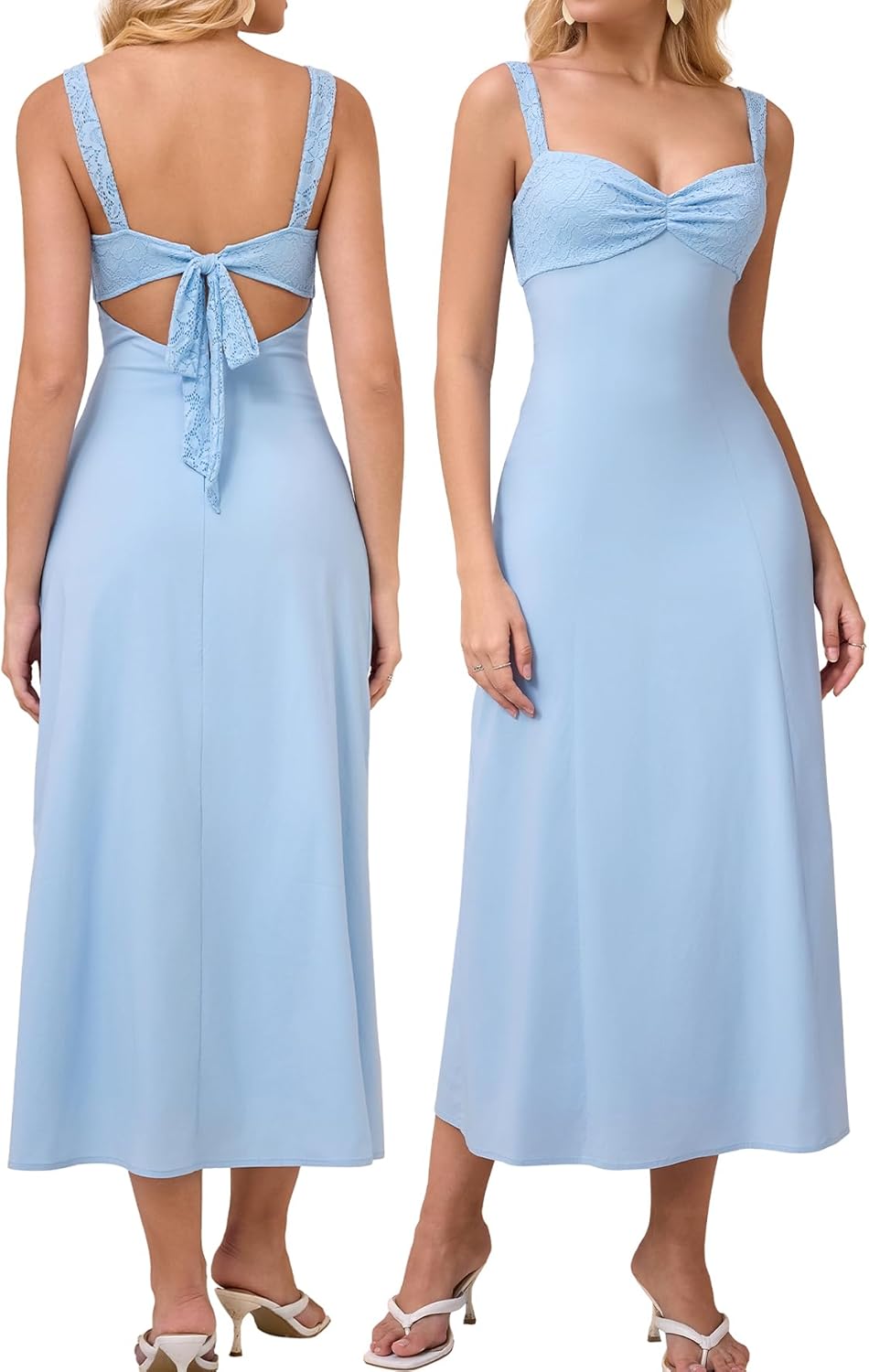 EYNMIN Lace Strap Midi Dress Sweetheart Neckline Bow Tie Backless A Line Wedding Guest Dresses for Women Casual Sundress