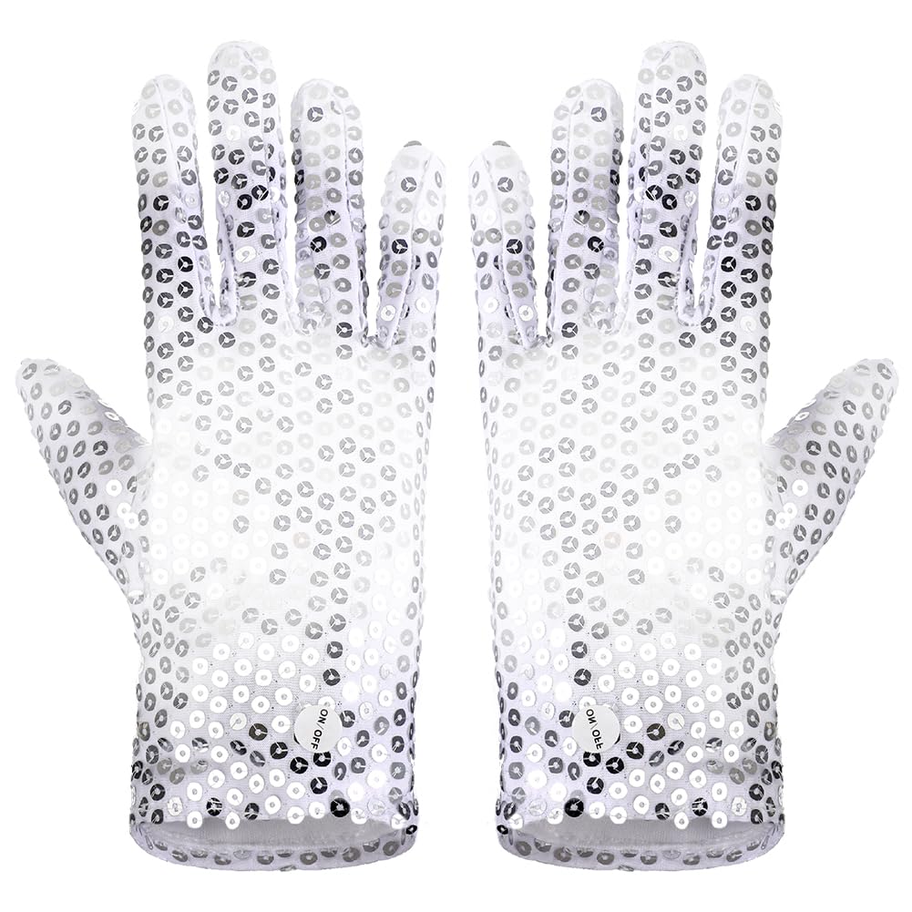 Light Up LED Gloves for Adults Sparkling Sequins Gloves Lighting Flashing Lights Glove for Stage Performance Glitter Dance Full Finger Glove Creative Mittens Cosplay Costume Party Hand Wear 6 Modes