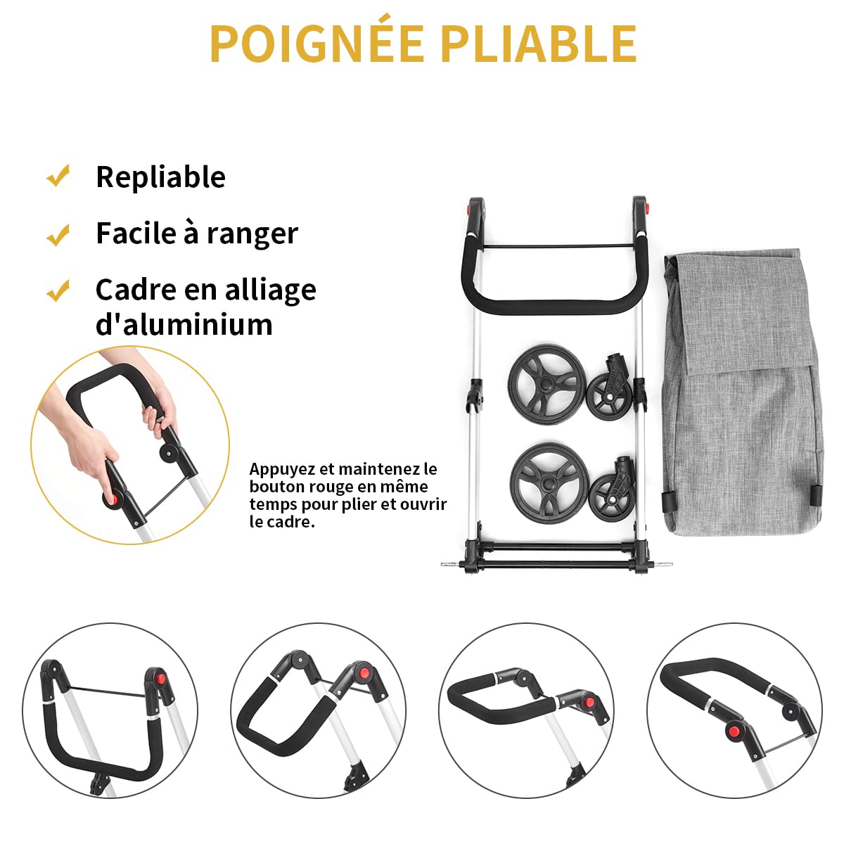 Chariot de Courses, 46L Chariot de Courses 4 Roues, avec Sac Isotherme, Poignées Réglables, Pliable, léger en Aluminium (Gris)
