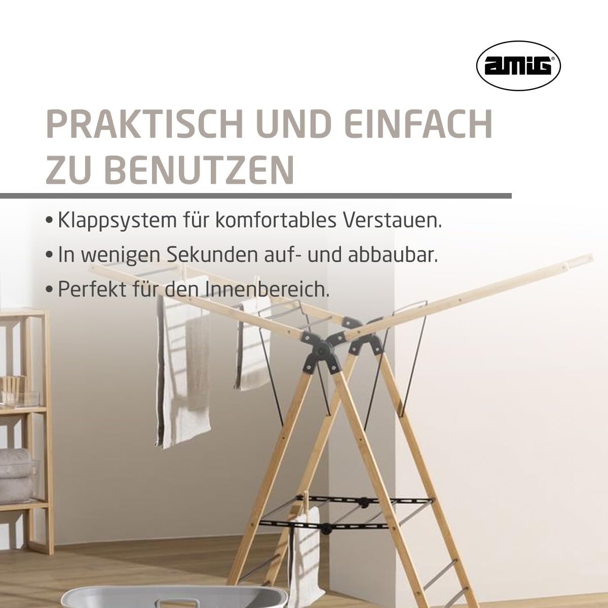 Amig - Klappbarer Wäscheständer mit Flügeln Mod. Aeria NaturDry - Epoxidstahl und Bambus - Wäschetrockner - Einfaches Auf- und Zusammenklappen - 13m Trockenfläche - 137x62x92 cm - Farbe Schwarz/Bambu