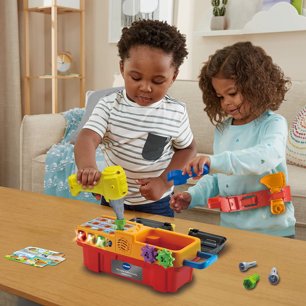 VTech - Ma Super Boîte à Outils Interactive, Caisse à Outils Enfant Éducative avec Ceinture Porte-Outils, 11 Pièces et Accessoires de Jeu, Cadeau Enfant de 2 Ans à 5 Ans - Contenu en Français