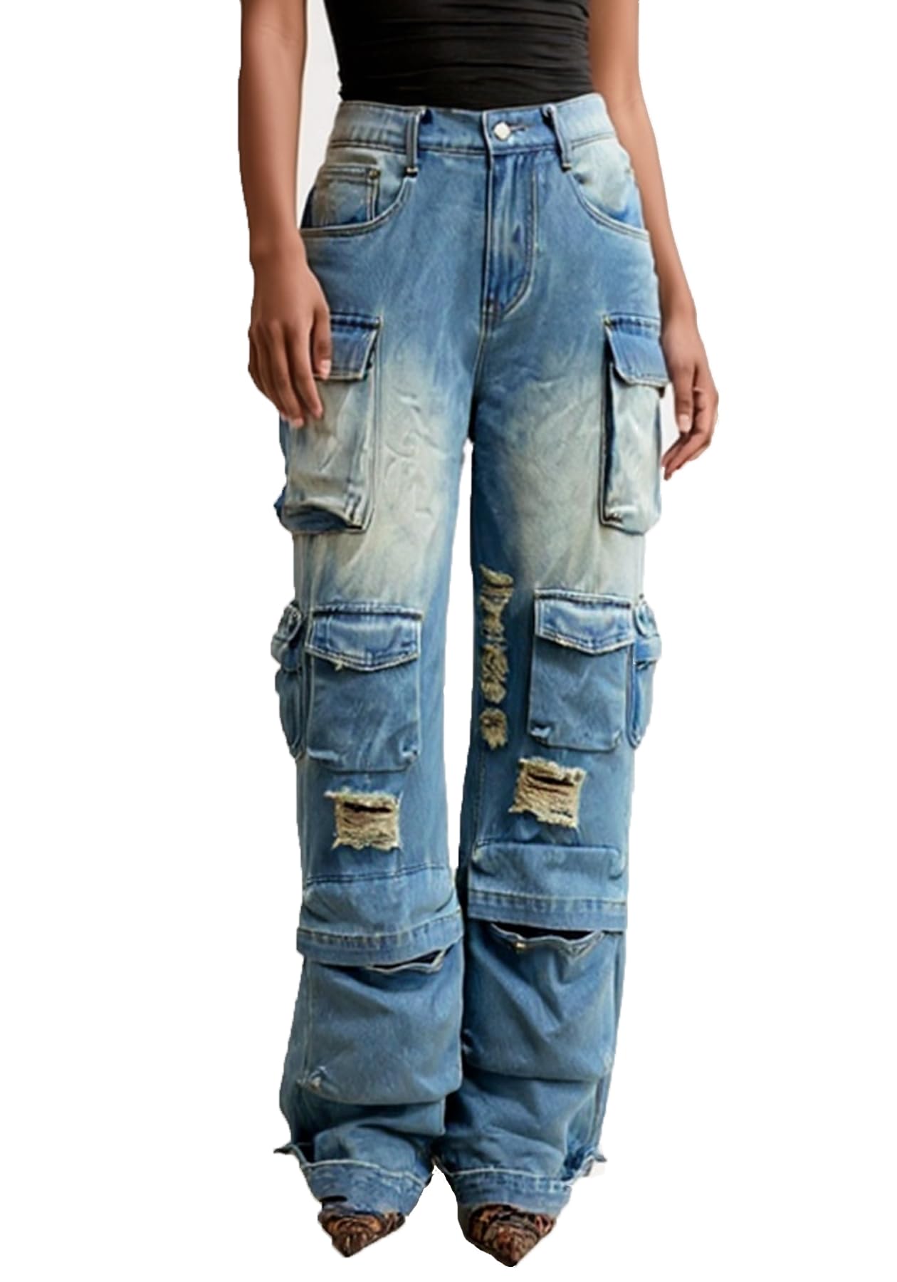 Vakkest High Waisted Camo Cargo Jeans for Women Wide Leg Casual Baggy Trendy Denim Pants with Multi Pockets