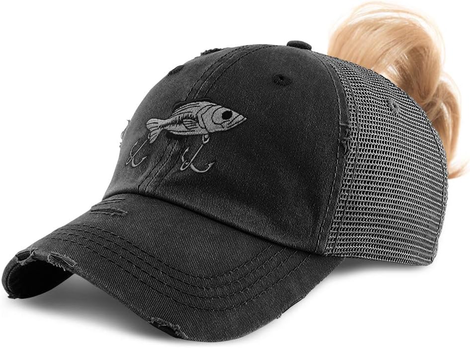 Custom Womens Ponytail Cap Fish and Hook Embroidery Cotton Strap Closure