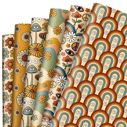 Whaline 12 Sheet Retro Wrapping Paper - Not Roll - Vintage Boho Floral Flower Rainbow Gift Wrap Paper Folded Flat for Birthday Wedding Baby Shower DIY Crafts Gift Packing 19.7 x 27.6 Inch