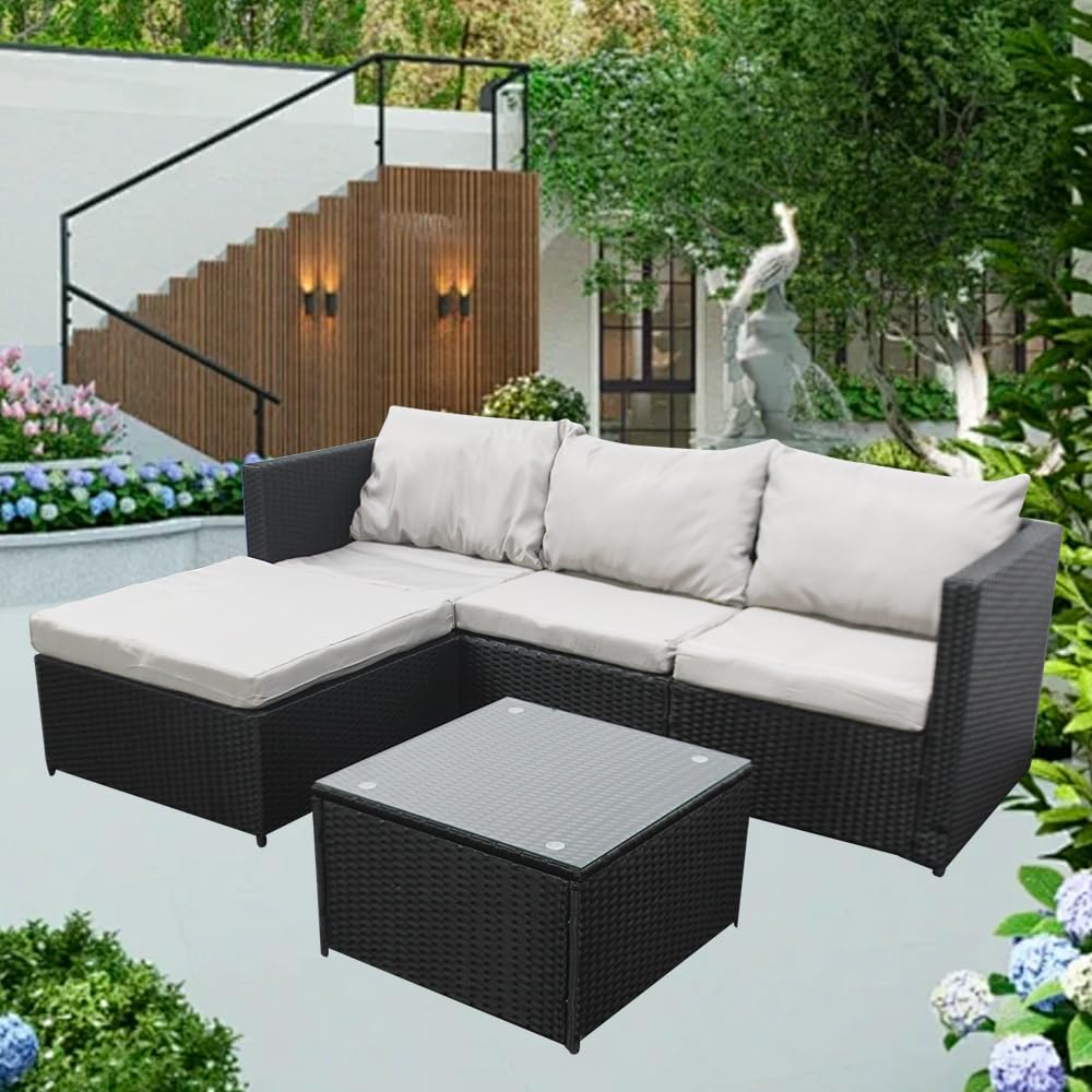 4 Seater Outdoor Rattan Garden Furniture Classical Corner Dining Set with sponge padded water resistant cushions and Tempered Glass Table good for Garden, Backyard (Sofa Black+Grey Cushion) — image 1