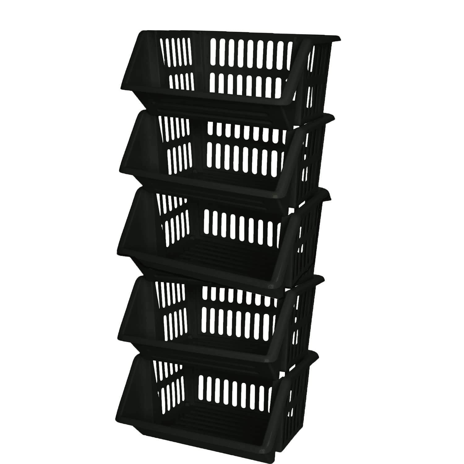 ZARVICZONIA Large Stacking Storage Baskets Veg Rack, Durable Plastic Stackers, Dimensions: 36 cm (L) x 30 cm (D) x 17.5 cm (H) (Black, Pack of 5) โ image 1