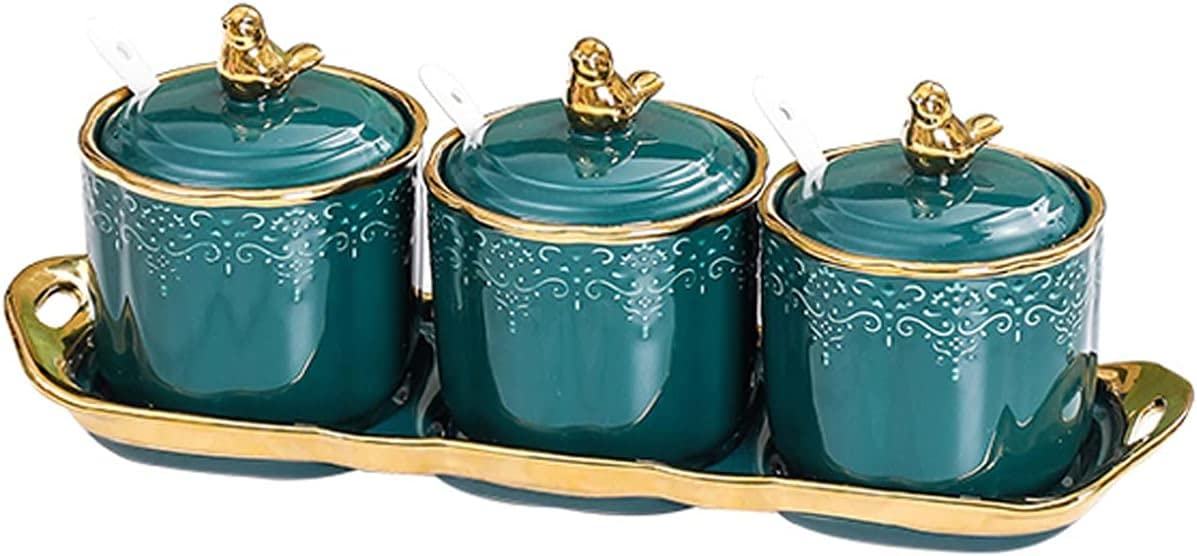 Scatola per condimenti Barattoli per spezie in ceramica Zuccheriera Barattoli per condimenti con coperchio Cucchiaio e vassoio Contenitore per cucina, Motivo in rilievo in stile europeo, Set di 3