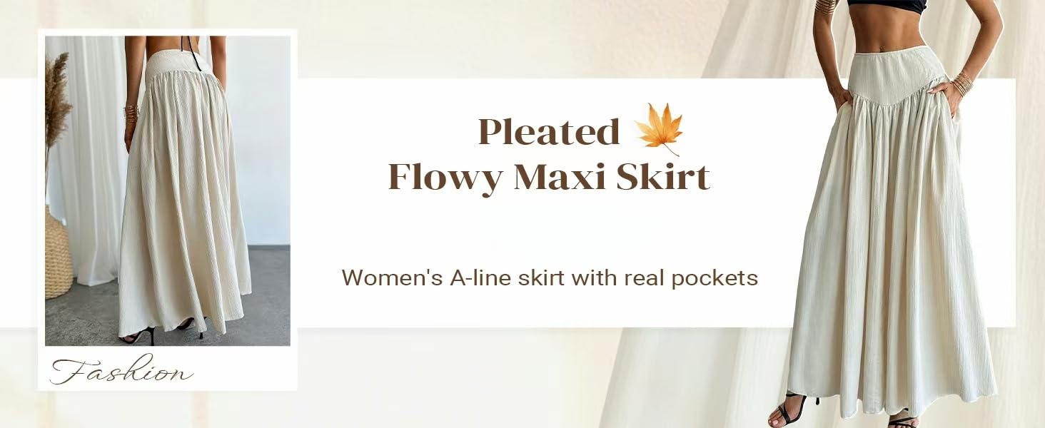 Women's Long Pleated Flowy Maxi Skirt High Waist with Pockets Casual Boho Fashion Style Skirt