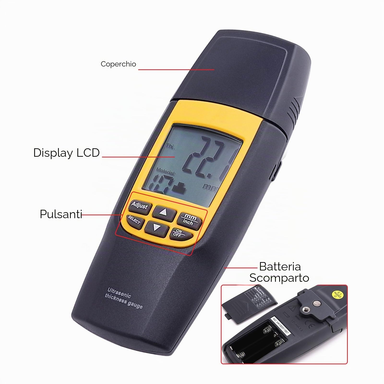 GAIN EXPRESS Misuratore di Spessore Ad Ultrasuoni Tester Misuratore di Misura 1.2~220 Mm velocità LCD Digitale in Alluminio Rame Ferro Vetro Plastica Piastrella Ottone Oro Argento Zinco